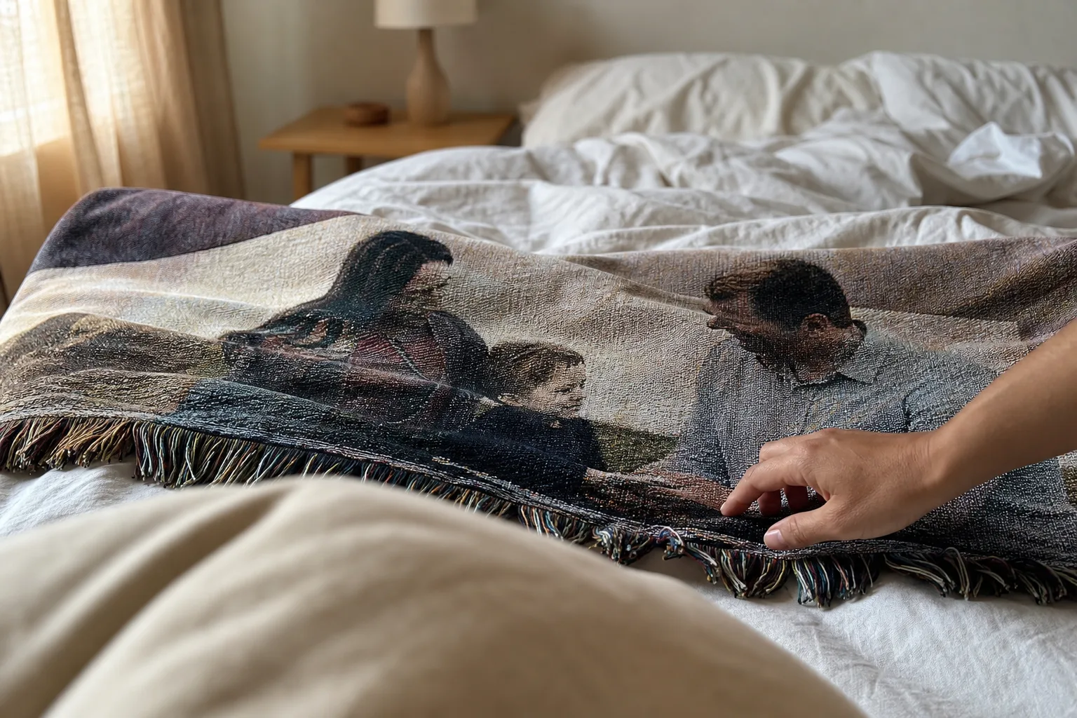 A woven family photo blanket draped naturally across an unmade bed