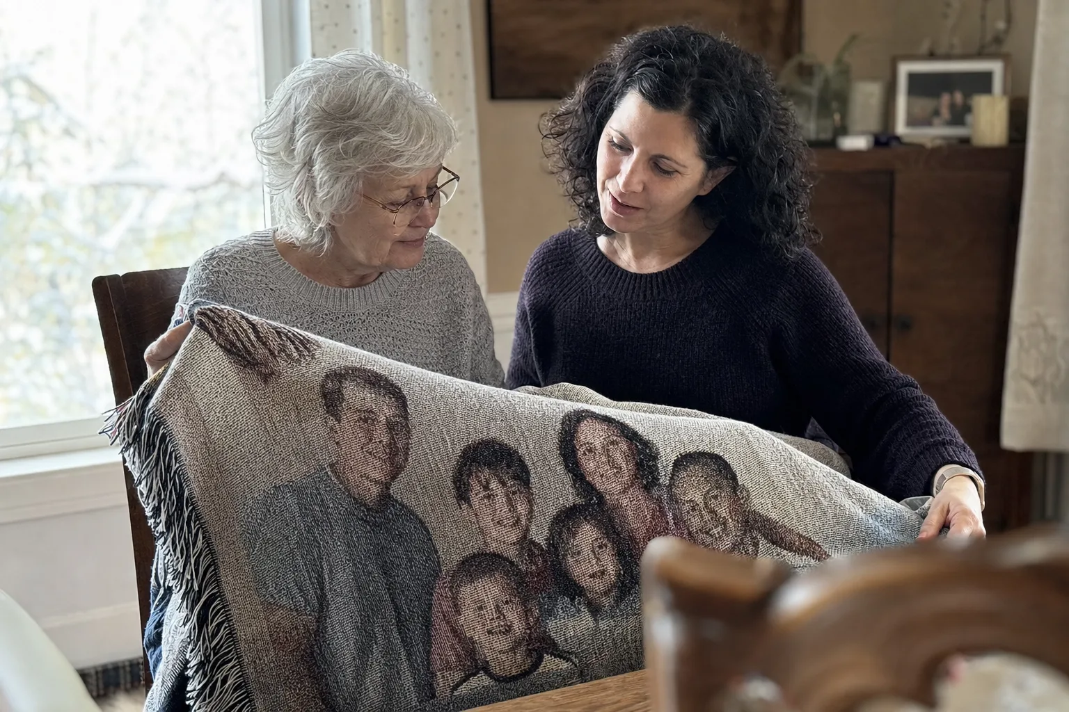 A mother and grandmother unfolding a woven family memory blanket at home