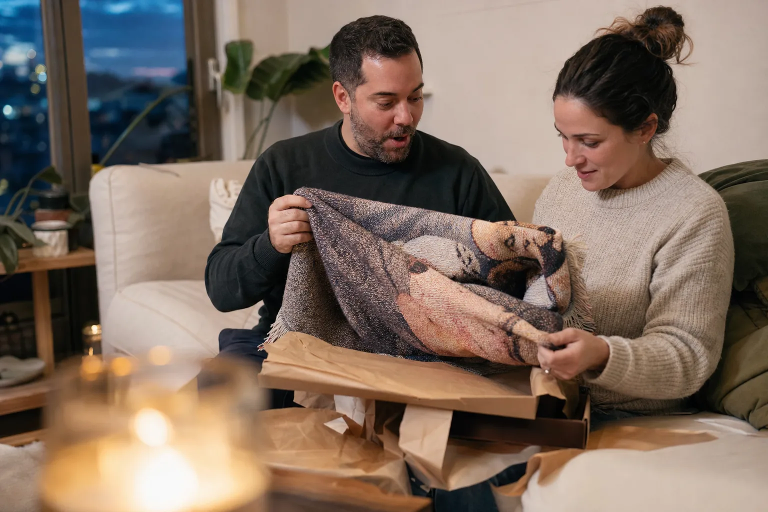 A couple opening a woven photo blanket from a gift box