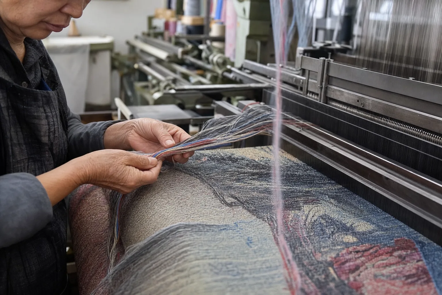 An artisan inspecting colored yarns beside a jacquard loom