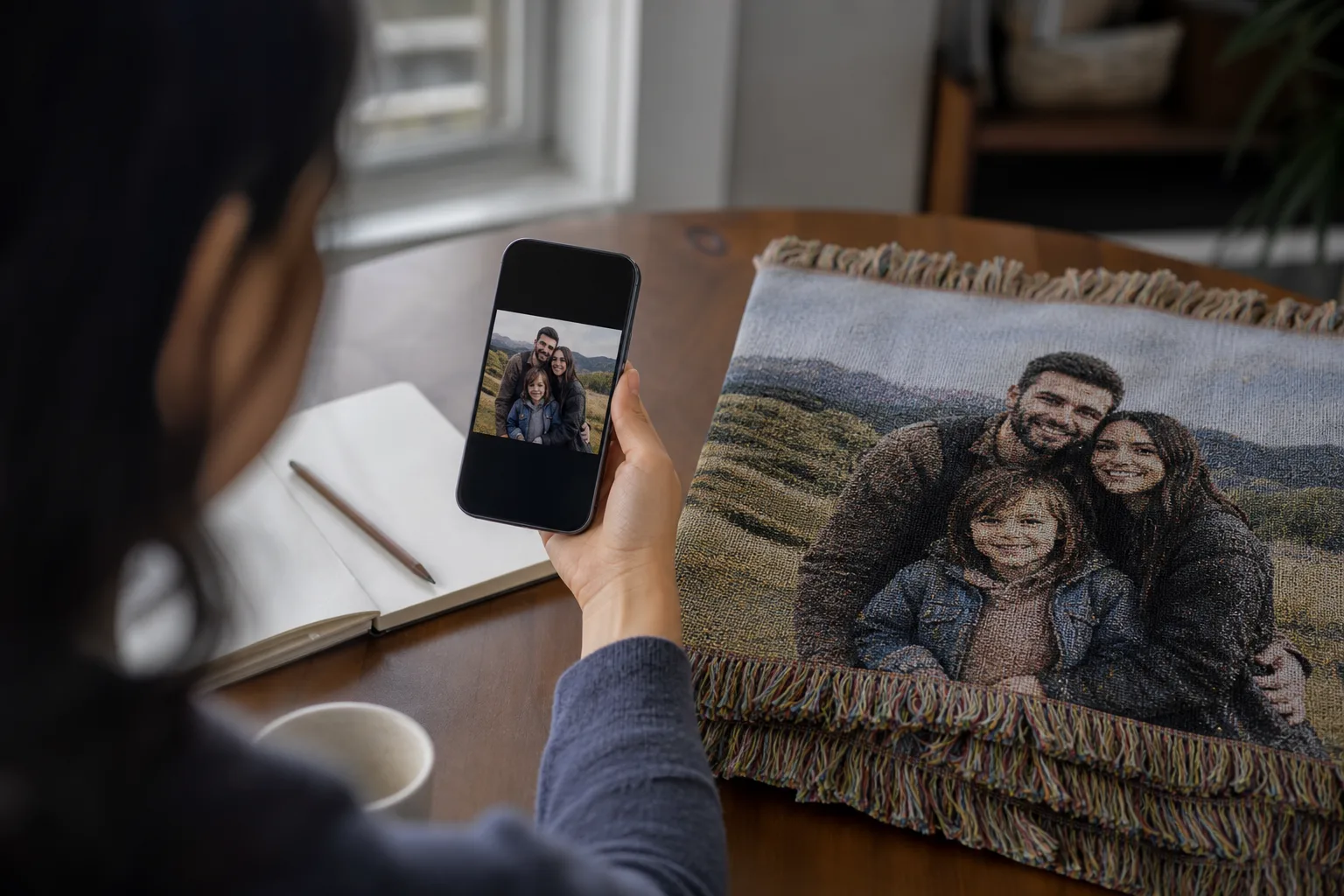A person comparing an original family photo with a woven blanket interpretation