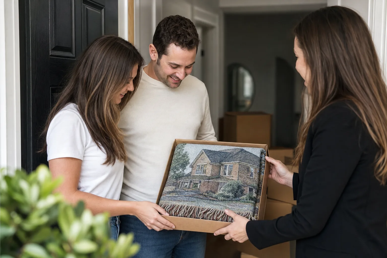 A real estate professional presenting a woven new-home portrait throw