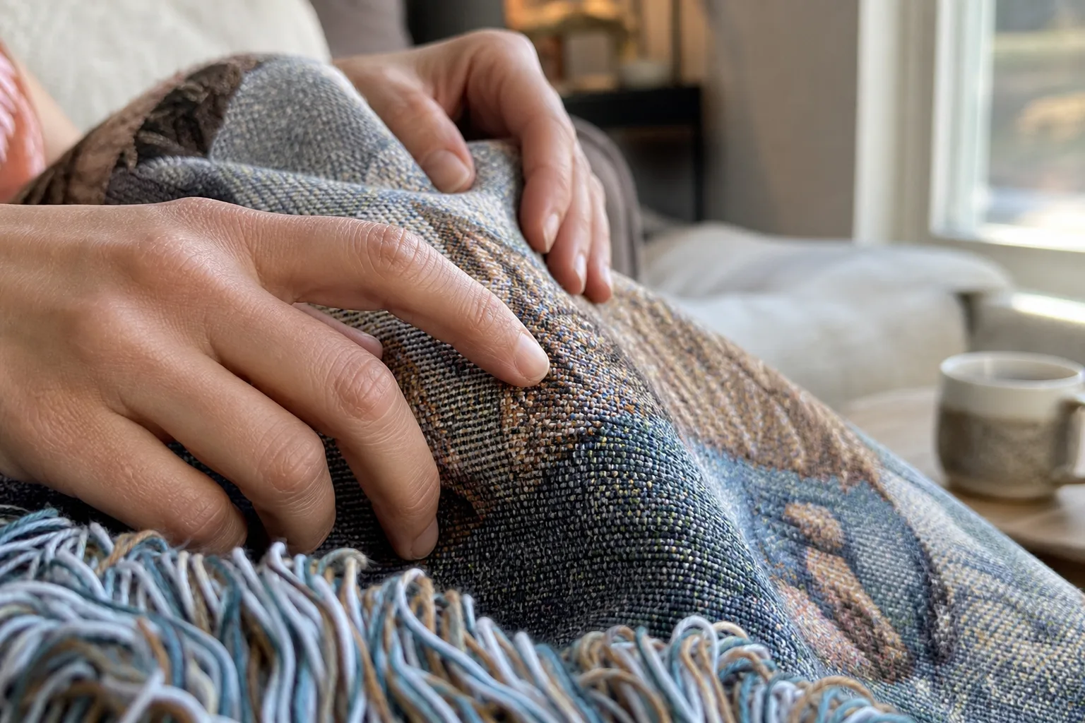 Hands tracing the detailed yarn surface and fringe of a woven photo blanket