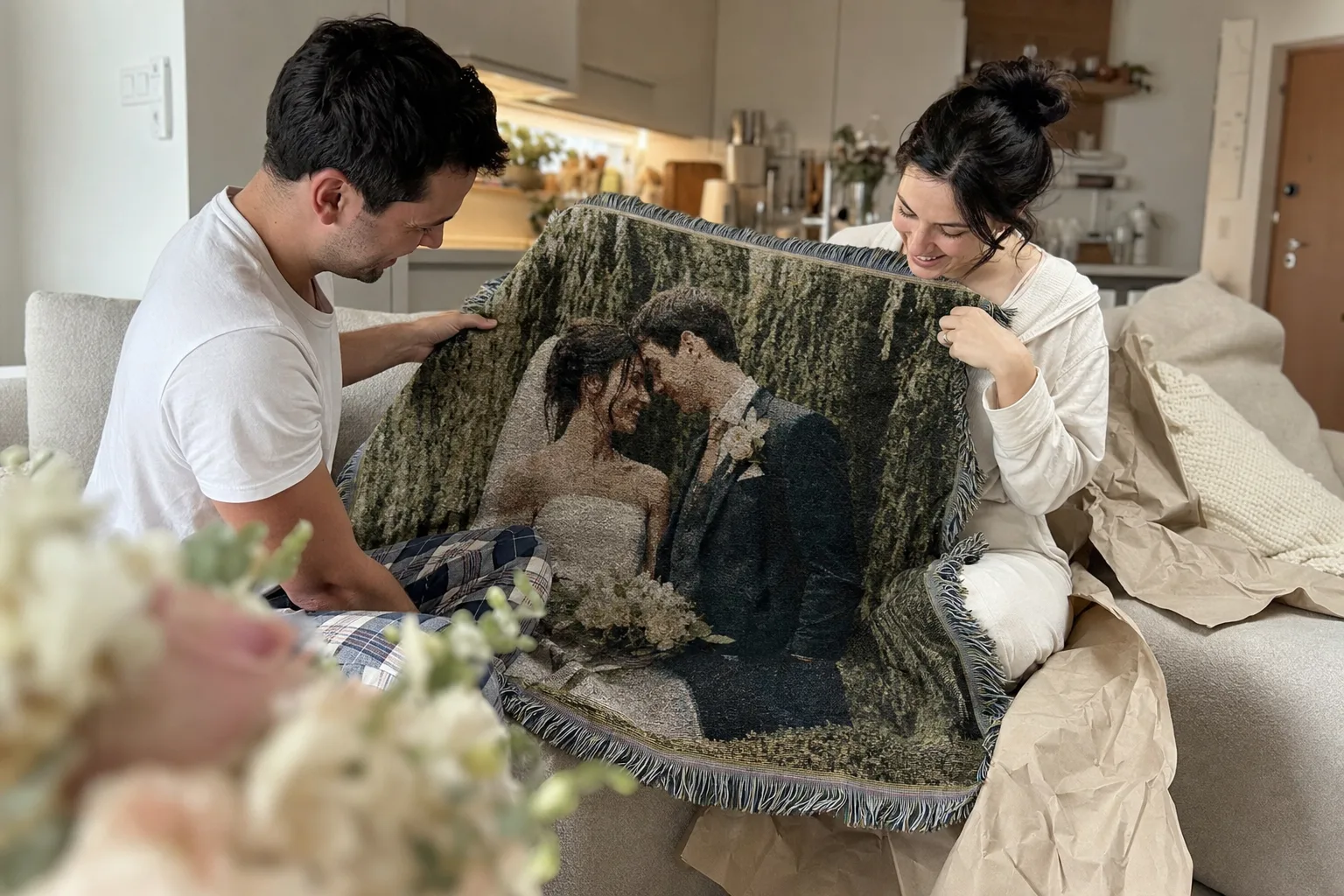 A newlywed couple opening a woven wedding photo blanket at home